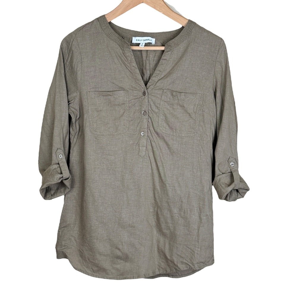 Emily Daniels Linen Blend Roll Tab Popover Blouse Top Small‎ Olive Green Minimal